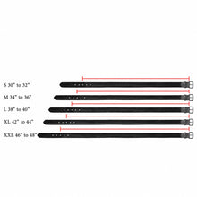 Load image into Gallery viewer, A size chart diagram showing five black watch straps labeled S 30" to 32", M 34" to 36", L 38" to 40", XL 42" to 44", and XXL 46" to 48", with red measurement lines and text on a white background.