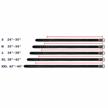 Load image into Gallery viewer, A size chart diagram showing five black wristbands labeled S, M, L, XL, and XXL with corresponding length ranges in inches, plus red measurement lines indicating width.