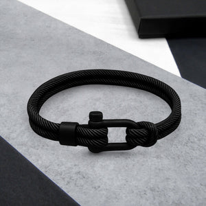 Men's Nautical Double Strand Black Matt D-Shackle & Black Rope Bracelet