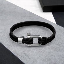 Load image into Gallery viewer, Men&#39;s Nautical Double Strand Silver D-Shackle &amp; Black Rope Bracelet