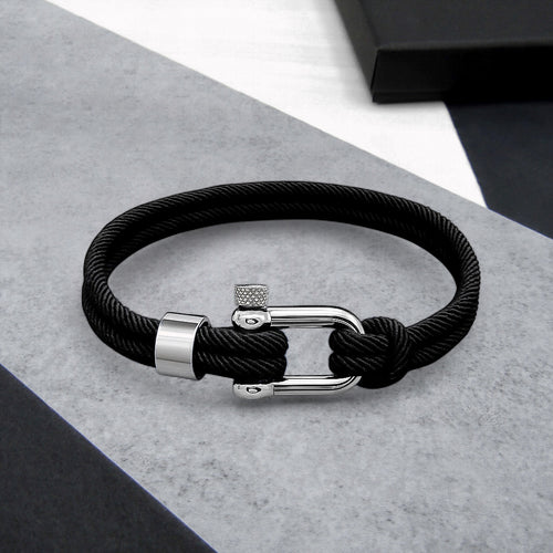 Men's Nautical Double Strand Silver D-Shackle & Black Rope Bracelet