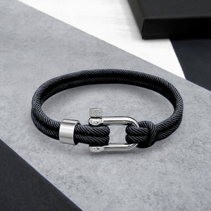 Men's Nautical Double Strand Silver D-Shackle & Grey Rope Bracelet