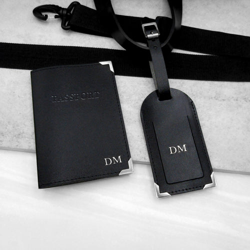 Handmade Personalised Metallic Edge Black Leather Luggage Tag & Passport Holder Set - Parker & Co.