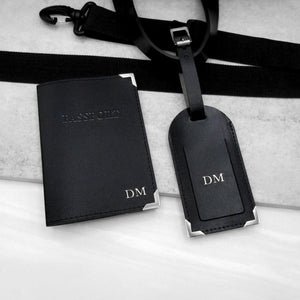 Handmade Personalised Metallic Edge Black Leather Luggage Tag & Passport Holder Set - Parker & Co.