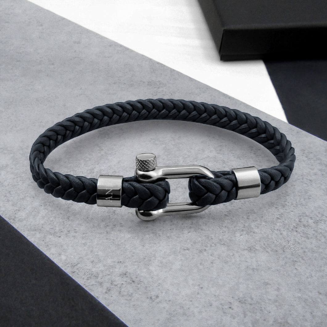 Personalised Men's Nautical Shackle & Woven Leather Bracelet