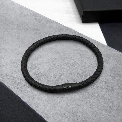 Men's Personalised Special Date Single or Double Slim Leather Black Clasp Bracelet