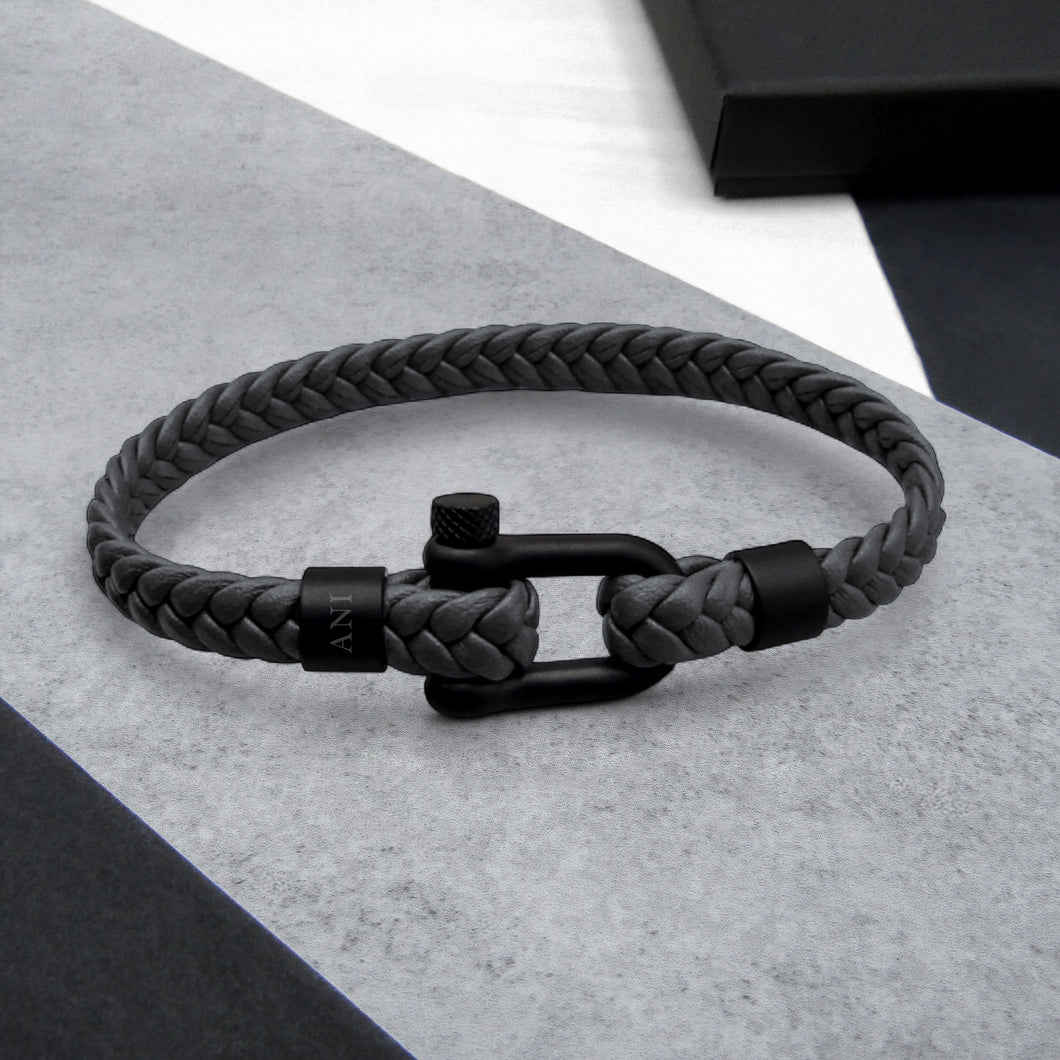 Personalised Men's Nautical Shackle & Woven Leather Bracelet