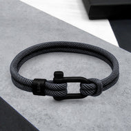 Personalised Men's Nautical Double Strand D-Shackle & Grey Rope Bracelet - 19cm / Polished Silver / Front Only