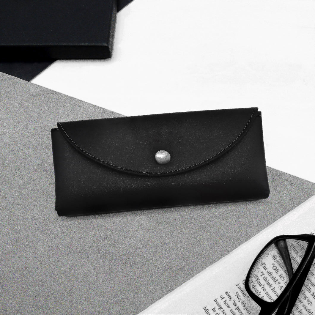 Handmade Rounded Black Leather Hard Glasses Case