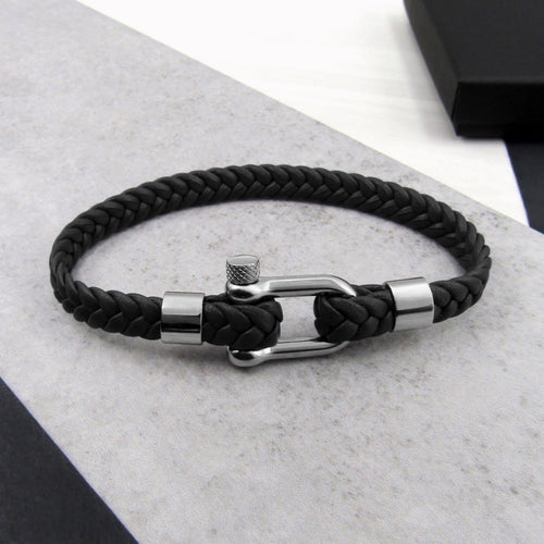 Men's Nautical Shackle & Woven Leather Bracelet - PARKER&CO