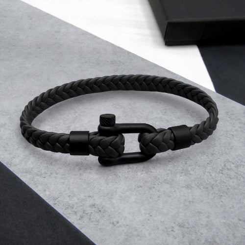 Men's Nautical Black Matt Shackle & Woven Leather Bracelet
