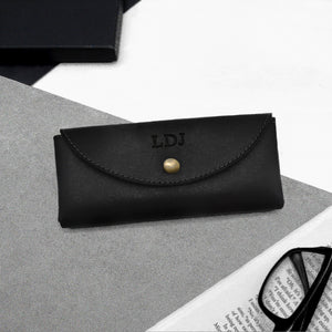 Handmade Personalised Rounded Black Leather Hard Glasses Case