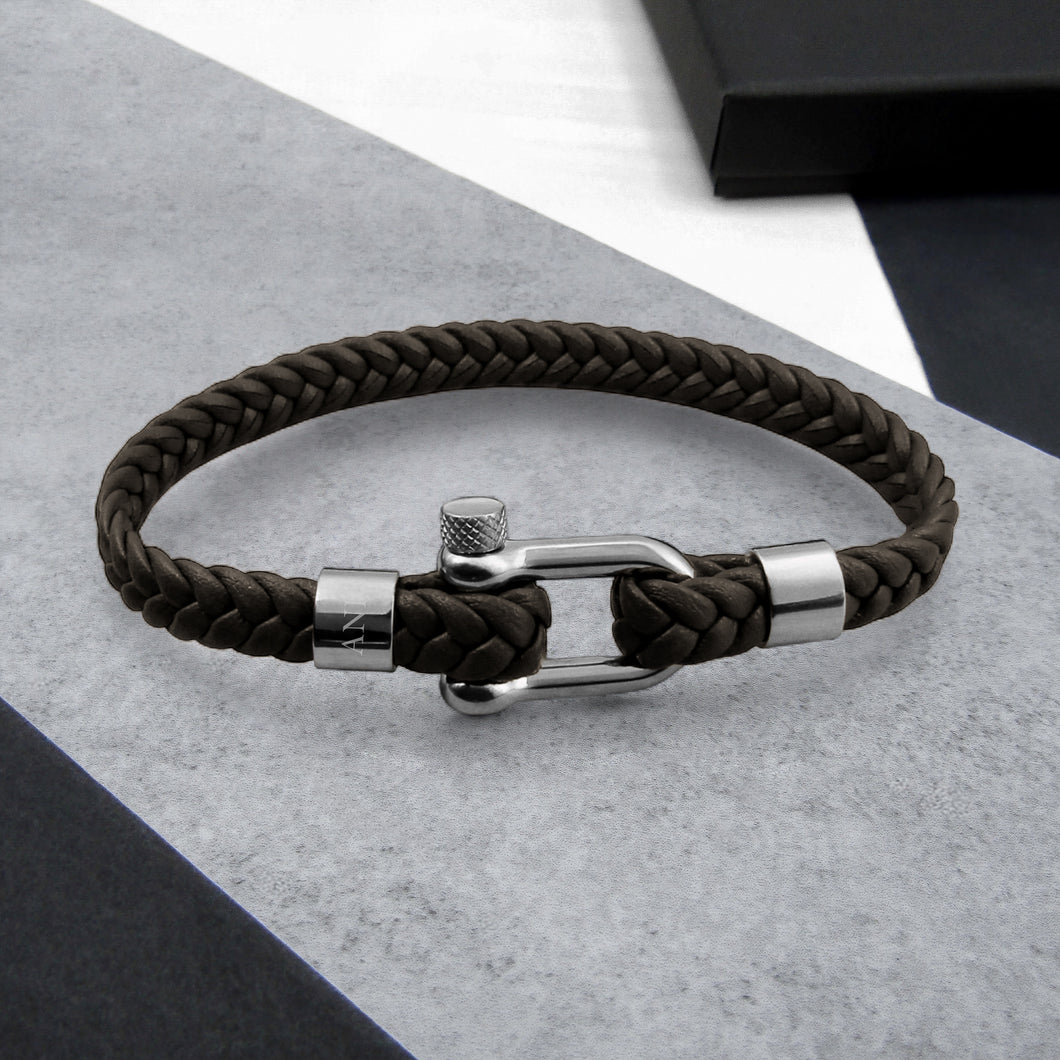 Personalised Men's Nautical Shackle & Woven Leather Bracelet