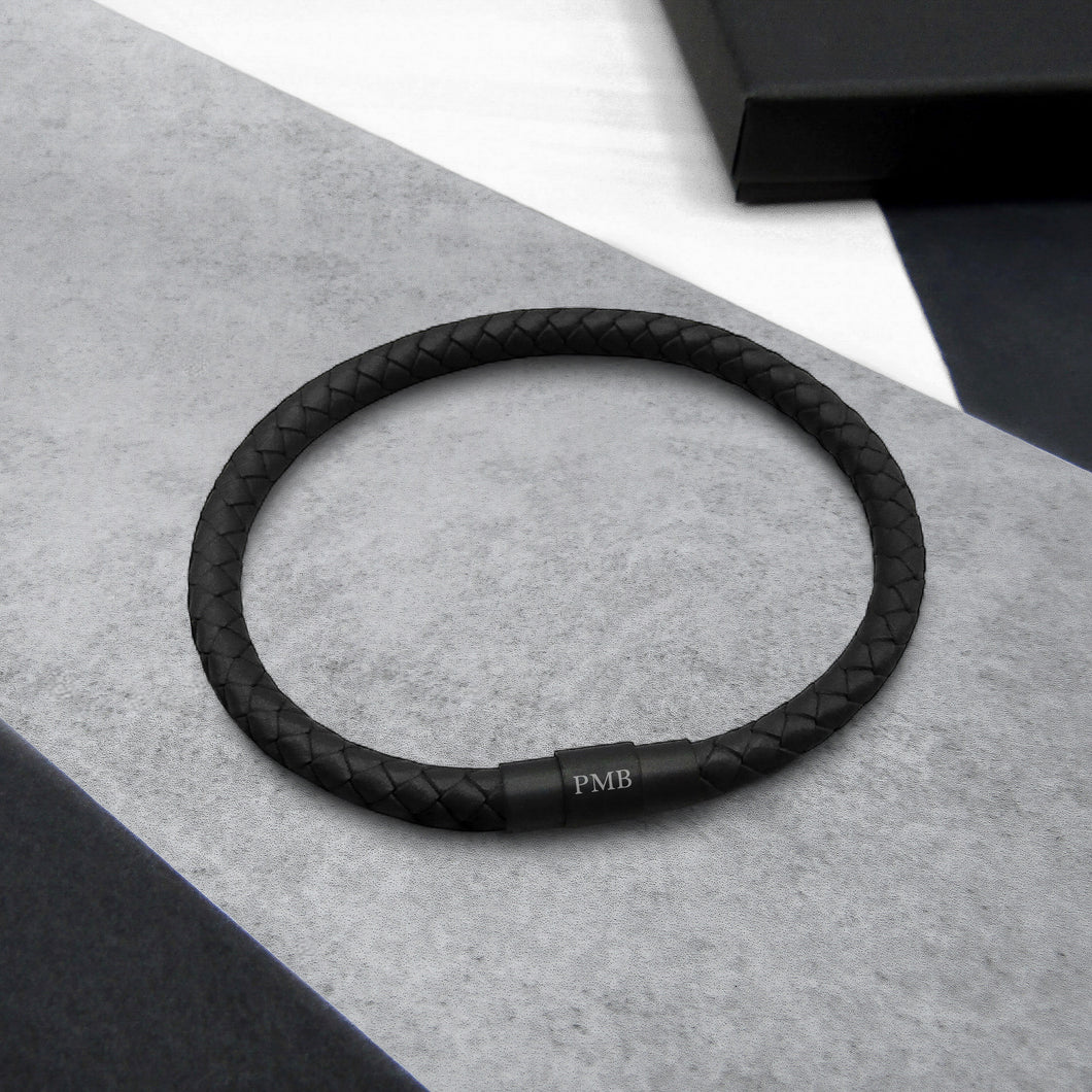 Men's Personalised Single or Double Slim Leather Black Clasp Bracelet