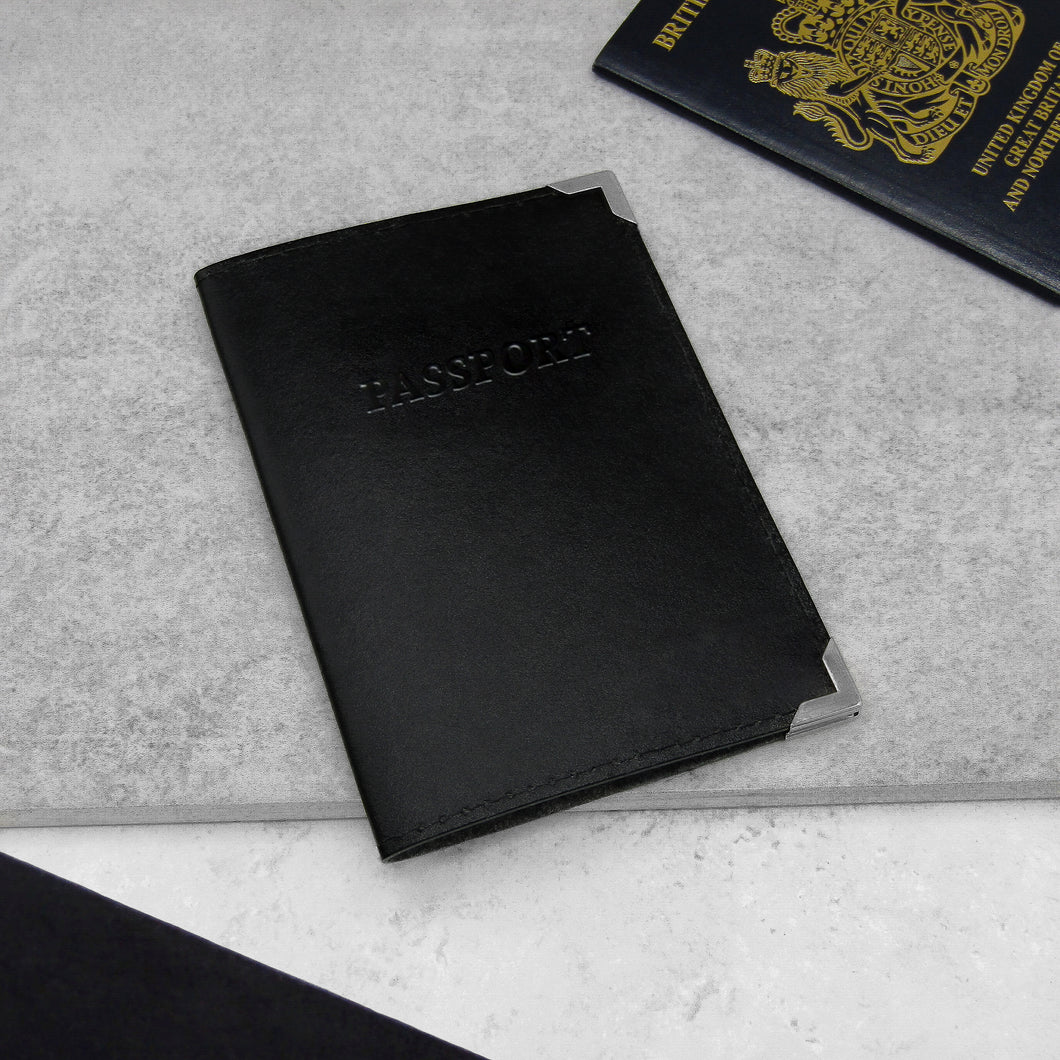 Handmade Black Leather & Silver Metallic Edge Passport Cover
