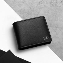 Load image into Gallery viewer, Personalised Men’s RFID Black Leather Bifold Wallet with Flip-Up ID Window