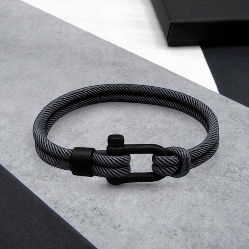 Men's Nautical Double Strand Black Matt D-Shackle & Rope Bracelet