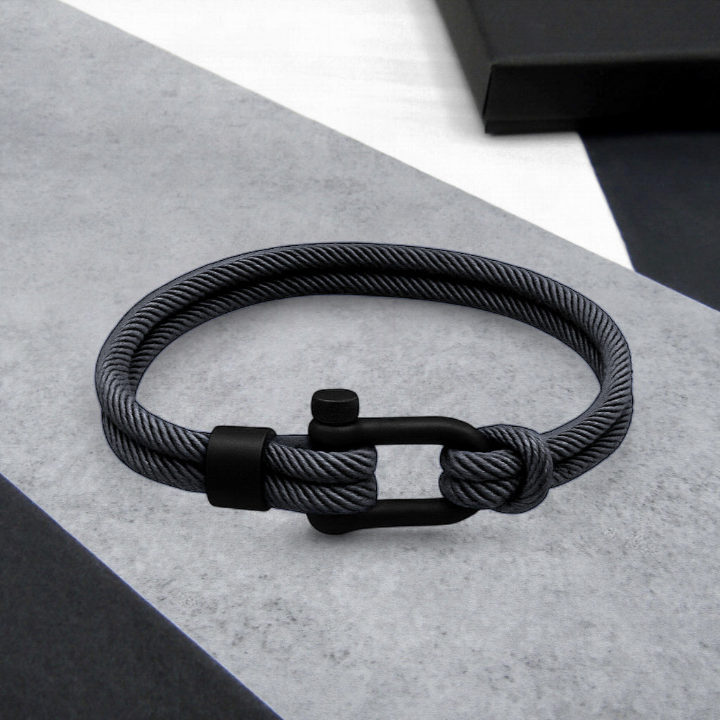Men's Nautical Double Strand Black Matt D-Shackle & Rope Bracelet