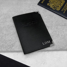 Load image into Gallery viewer, Handmade Personalised Metallic Edge Black Leather Luggage Tag &amp; Passport Holder Set