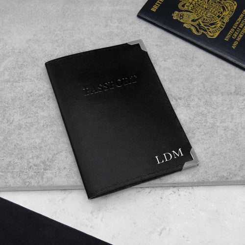 Handmade Personalised Metallic Edge Black Leather Luggage Tag & Passport Holder Set