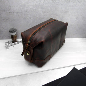 Personalised Special Date Men's Rustic Brown Leather Wash Bag - PARKER&CO