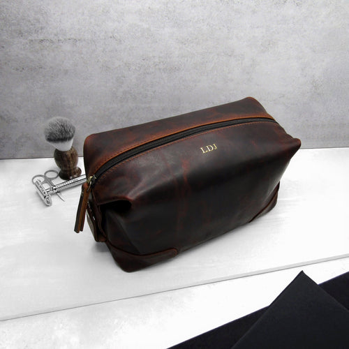 Personalised Men's Rustic Brown Leather Wash Bag - PARKER&CO