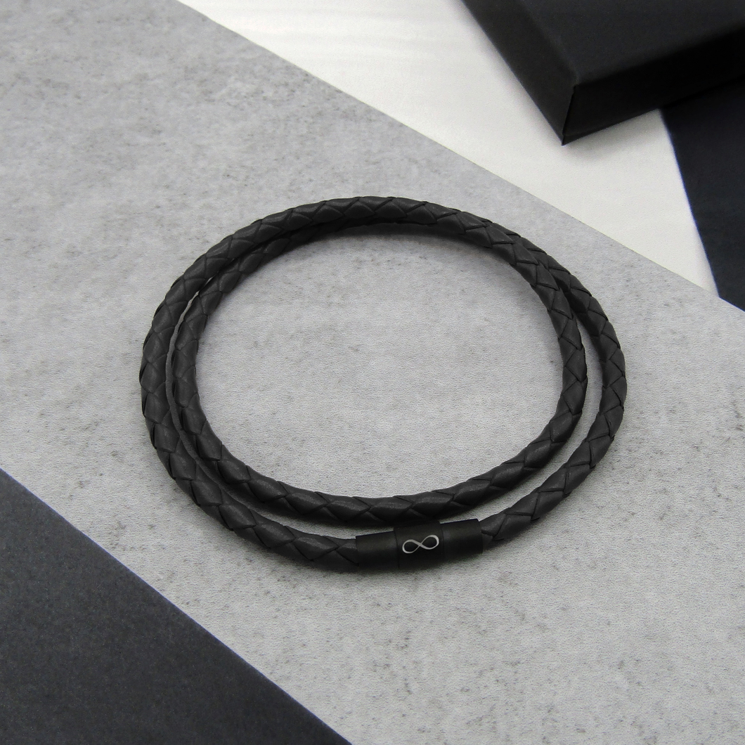 Men's Double Strand Slim Leather Infinity Black Clasp Bracelet