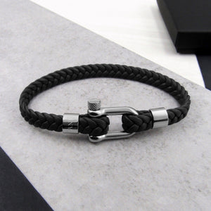 Personalised Men's Nautical Shackle & Woven Leather Bracelet - PARKER&CO