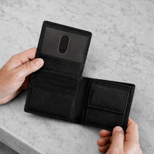 Load image into Gallery viewer, Men’s RFID Black Leather Bifold Wallet with Flip-Up ID Window
