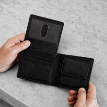 Load image into Gallery viewer, Personalised Men’s RFID Black Leather Bifold Wallet with Flip-Up ID Window