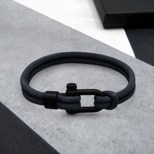 Load image into Gallery viewer, Men&#39;s Nautical Double Strand Black Matt D-Shackle &amp; Navy Rope Bracelet