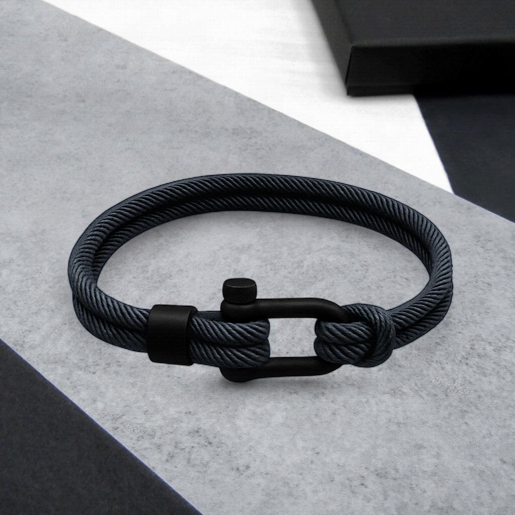 Men's Nautical Double Strand Black Matt D-Shackle & Rope Bracelet ...