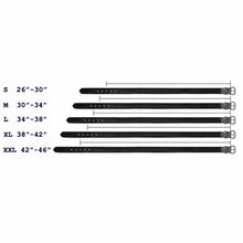 Load image into Gallery viewer, Set of black belts with size measurement chart on a white background