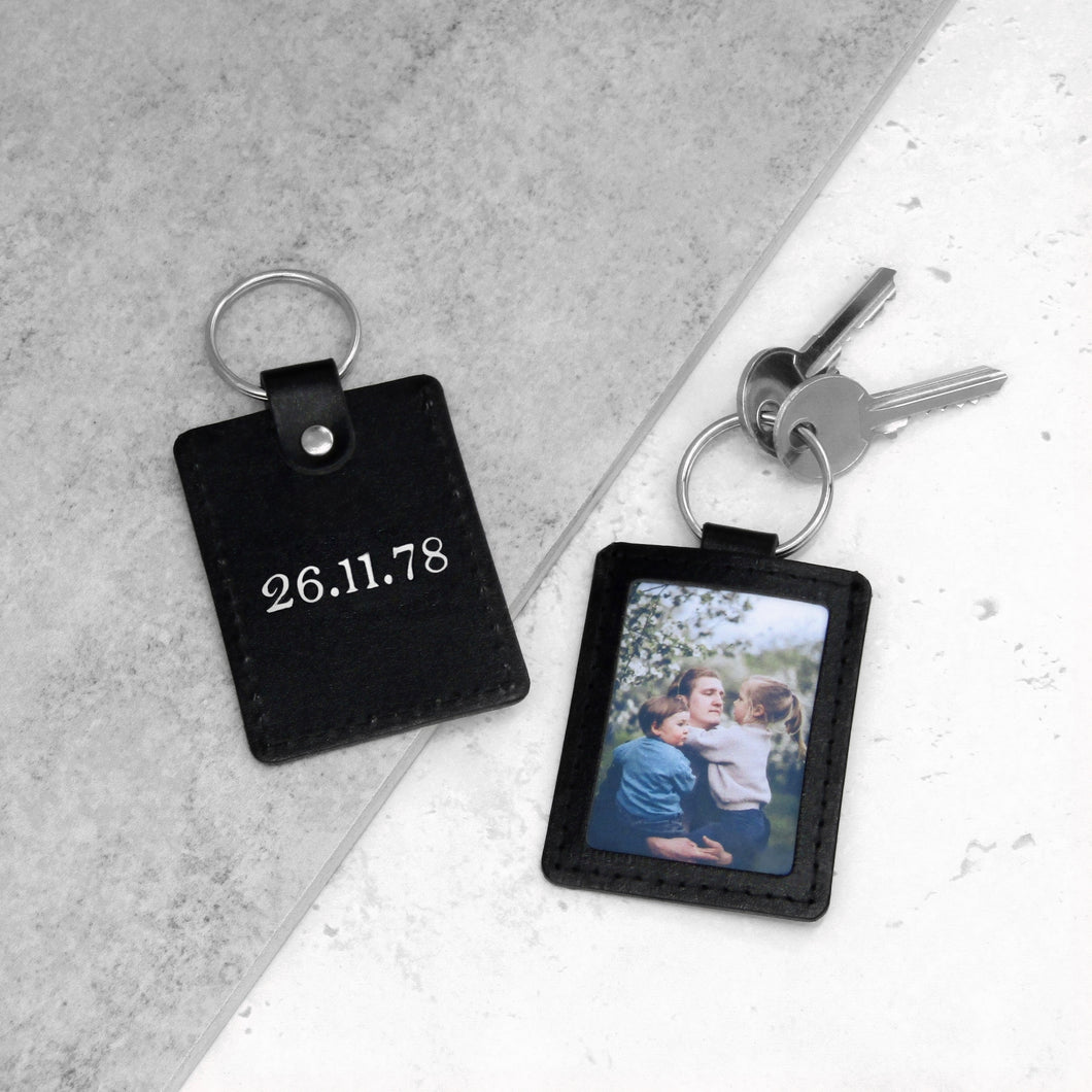 Handmade Personalised Special Date Black Leather Photo Keyring